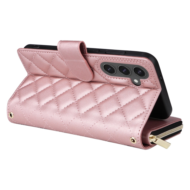 For Samsung Galaxy S24 FE 5G Crossbody Rhombic Zipper Tower Buckle Leather Phone Case with Lanyard(Rose Gold) - free shipping - PMC Jewellery - Order now!