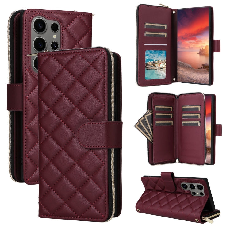 For Samsung Galaxy S25 Ultra 5G Crossbody Rhombic Zipper Tower Buckle Leather Phone Case with Lanyard(Wine Red) - Galaxy S25 Ultra 5G Cases by PMC Jewellery | Online Shopping South Africa | PMC Jewellery | Buy Now Pay Later Mobicred