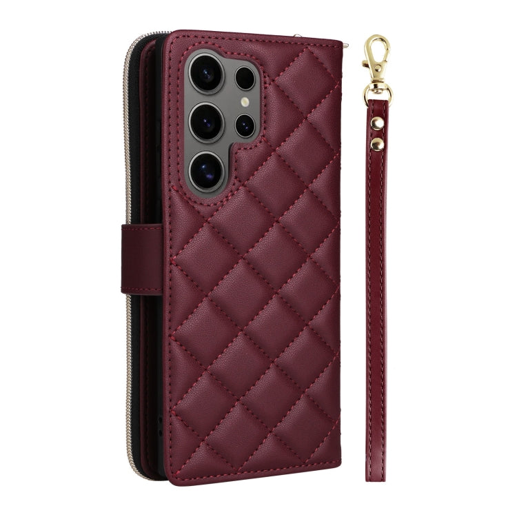 For Samsung Galaxy S25 Ultra 5G Crossbody Rhombic Zipper Tower Buckle Leather Phone Case with Lanyard(Wine Red) - Galaxy S25 Ultra 5G Cases by PMC Jewellery | Online Shopping South Africa | PMC Jewellery | Buy Now Pay Later Mobicred