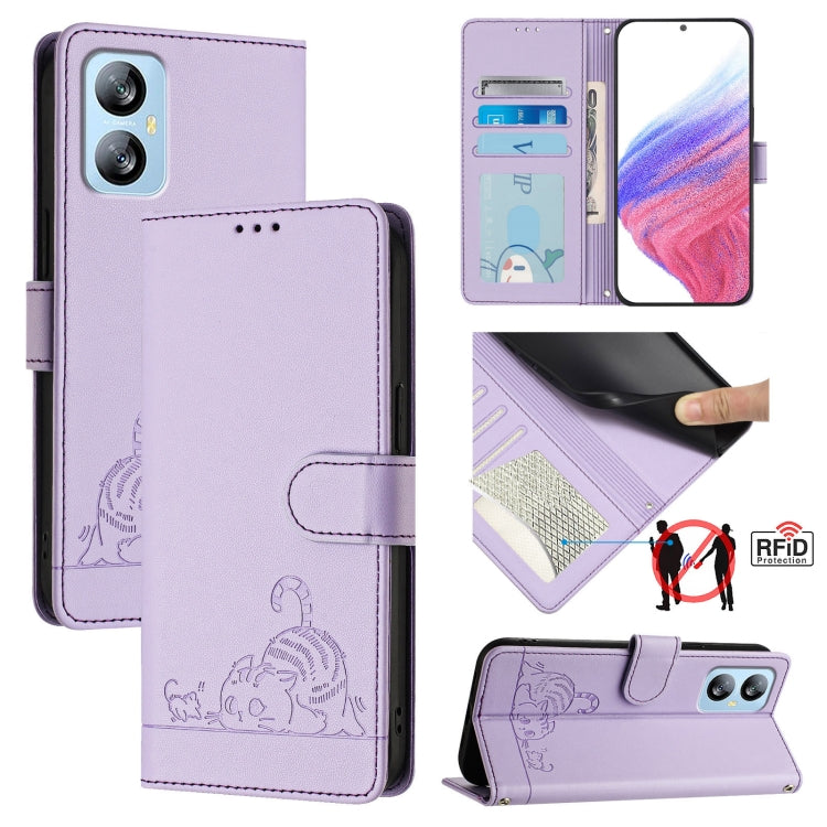 For Blackview A52 Cat Rat Embossed Pattern RFID Leather Phone Case with Lanyard(Purple) - More Brand by PMC Jewellery | Online Shopping South Africa | PMC Jewellery | Buy Now Pay Later Mobicred