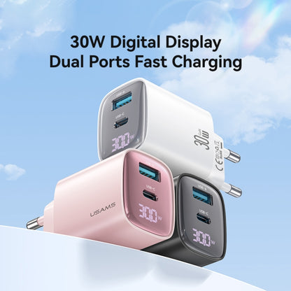 USAMS CC229 30W USB+USB-C / Type-C Dual Port GaN Digital Display Charger, Specifications: EU Plug(White) - USB Charger by USAMS | Online Shopping South Africa | PMC Jewellery | Buy Now Pay Later Mobicred