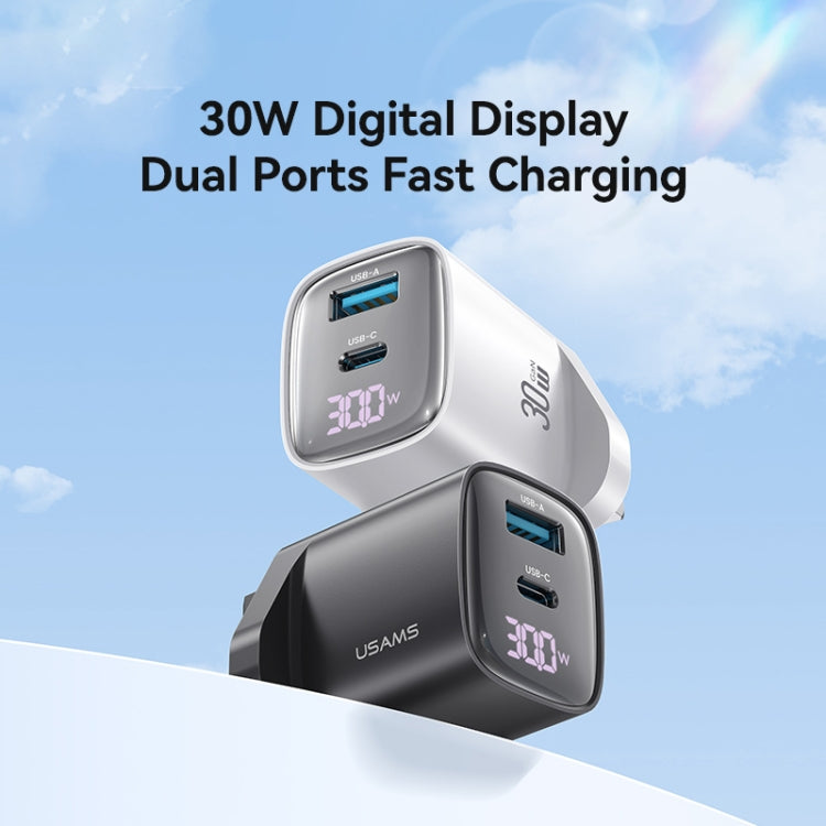 USAMS CC231 30W USB+USB-C / Type-C Dual Port GaN Digital Display Charger, Specifications: UK Plug(White) - USB Charger by USAMS | Online Shopping South Africa | PMC Jewellery | Buy Now Pay Later Mobicred