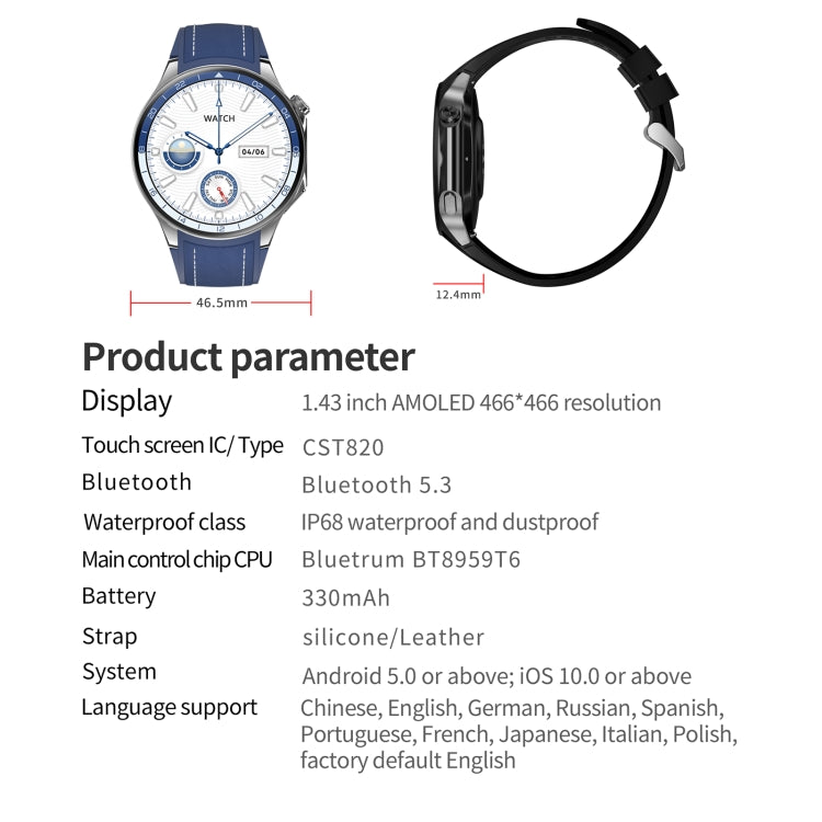 HD Watch X 1.43 inch IP68 BT5.3 Sport Smart Watch, Support Bluetooth Call / Sleep / Blood Oxygen / Heart Rate / Blood Pressure Health Monitor(Black Leather + Black Silicone Strap) - Smart Watches by PMC TechLife | Online Shopping South Africa | PMC TechLife | Buy Now Pay Later Mobicred