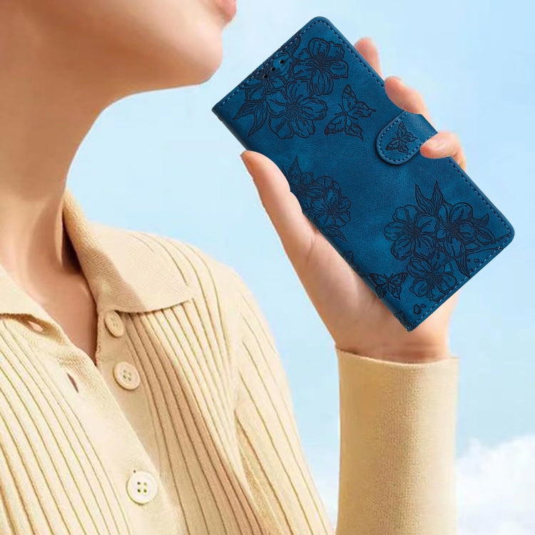 For iPhone 16 Pro Cherry Blossom Butterfly Skin Feel Embossed PU Phone Case(Blue) - iPhone 16 Pro Cases by PMC Jewellery | Online Shopping South Africa | PMC Jewellery | Buy Now Pay Later Mobicred