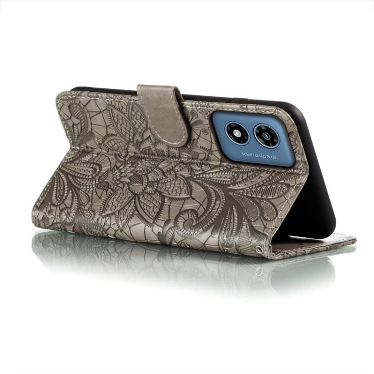 For Motorola Moto G Play 2024 Lace Flower Embossing Flip Leather Phone Case(Grey) - Motorola Cases by PMC Jewellery | Online Shopping South Africa | PMC Jewellery | Buy Now Pay Later Mobicred