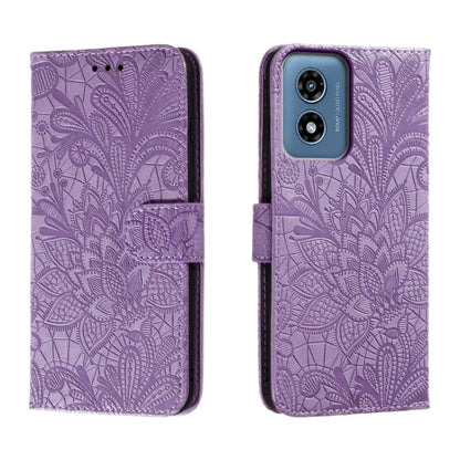 For Motorola Moto G Play 2024 Lace Flower Embossing Flip Leather Phone Case(Purple) - Motorola Cases by PMC Jewellery | Online Shopping South Africa | PMC Jewellery | Buy Now Pay Later Mobicred