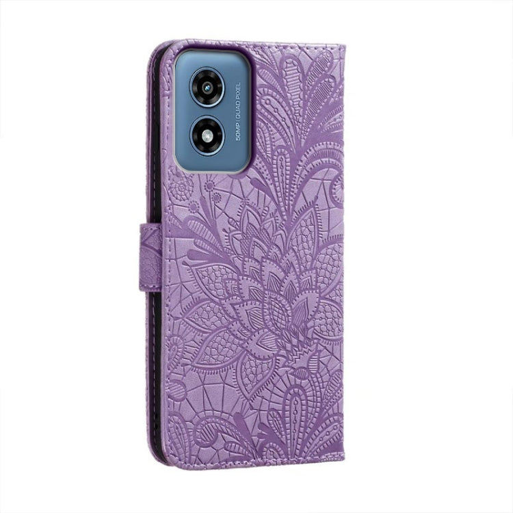 For Motorola Moto G Play 2024 Lace Flower Embossing Flip Leather Phone Case(Purple) - Motorola Cases by PMC Jewellery | Online Shopping South Africa | PMC Jewellery | Buy Now Pay Later Mobicred