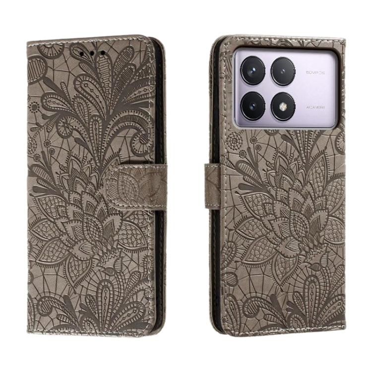 For Xiaomi Redmi K70 Lace Flower Embossing Flip Leather Phone Case(Grey) - K70 Cases by PMC Jewellery | Online Shopping South Africa | PMC Jewellery | Buy Now Pay Later Mobicred