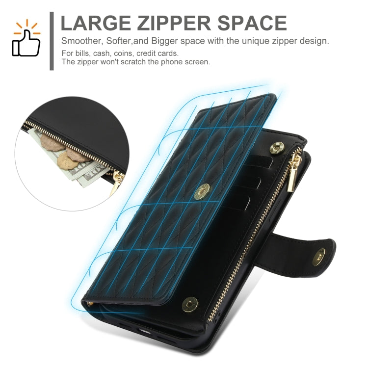 For Samsung Galaxy S24 Ultra 5G YM016 Rhombic Zipper Card Wallet Leather Phone Case with Lanyard(Black) - Galaxy S24 Ultra 5G Cases by PMC Jewellery | Online Shopping South Africa | PMC Jewellery | Buy Now Pay Later Mobicred