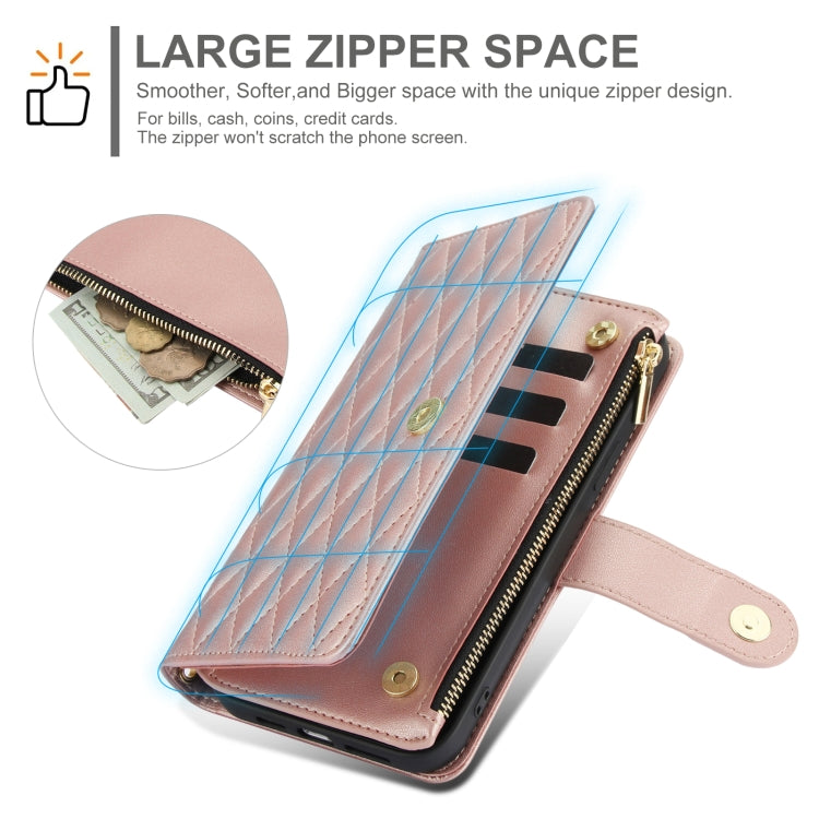 For Samsung Galaxy S24 Ultra 5G YM016 Rhombic Zipper Card Wallet Leather Phone Case with Lanyard(Rose Gold) - Galaxy S24 Ultra 5G Cases by PMC Jewellery | Online Shopping South Africa | PMC Jewellery | Buy Now Pay Later Mobicred