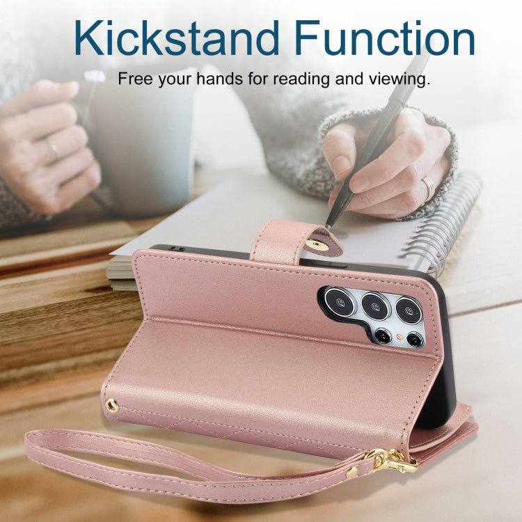 For Samsung Galaxy S24 Ultra 5G YM016 Rhombic Zipper Card Wallet Leather Phone Case with Lanyard(Rose Gold) - Galaxy S24 Ultra 5G Cases by PMC Jewellery | Online Shopping South Africa | PMC Jewellery | Buy Now Pay Later Mobicred