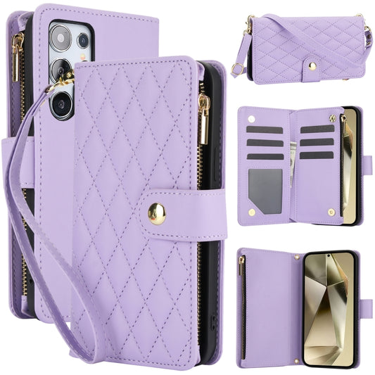 For Samsung Galaxy S24 Ultra 5G YM016 Rhombic Zipper Card Wallet Leather Phone Case with Lanyard(Light Purple) - Galaxy S24 Ultra 5G Cases by PMC Jewellery | Online Shopping South Africa | PMC Jewellery | Buy Now Pay Later Mobicred