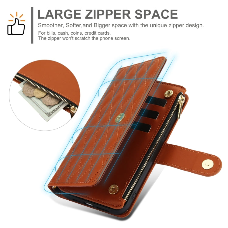 For Samsung Galaxy S24 Ultra 5G YM016 Rhombic Zipper Card Wallet Leather Phone Case with Lanyard(Brown) - Galaxy S24 Ultra 5G Cases by PMC Jewellery | Online Shopping South Africa | PMC Jewellery | Buy Now Pay Later Mobicred