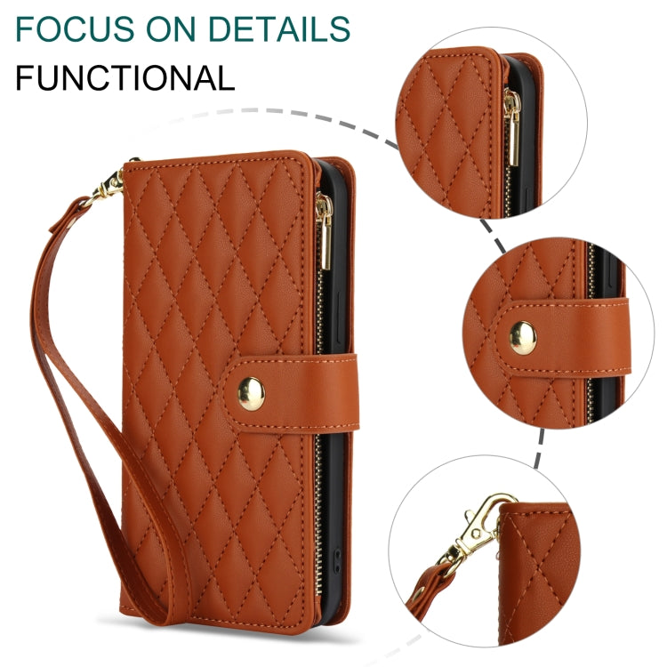 For Samsung Galaxy S24 Ultra 5G YM016 Rhombic Zipper Card Wallet Leather Phone Case with Lanyard(Brown) - Galaxy S24 Ultra 5G Cases by PMC Jewellery | Online Shopping South Africa | PMC Jewellery | Buy Now Pay Later Mobicred