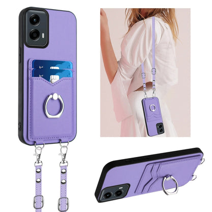 For Motorola Moto G 5G 2024 R20 Crossbody Rope Ring Card Holder Phone Case(Purple) - Motorola Cases by PMC Jewellery | Online Shopping South Africa | PMC Jewellery | Buy Now Pay Later Mobicred