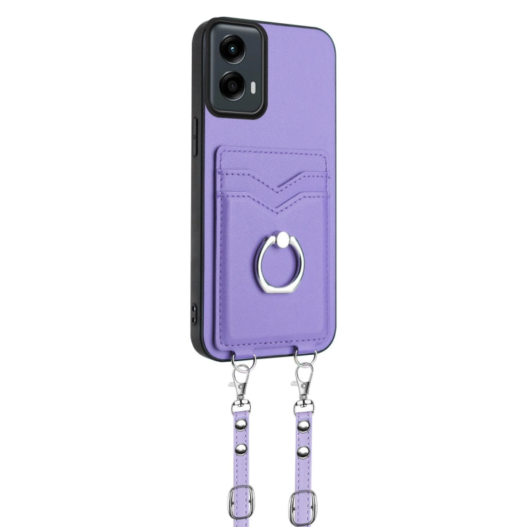 For Motorola Moto G 5G 2024 R20 Crossbody Rope Ring Card Holder Phone Case(Purple) - Motorola Cases by PMC Jewellery | Online Shopping South Africa | PMC Jewellery | Buy Now Pay Later Mobicred