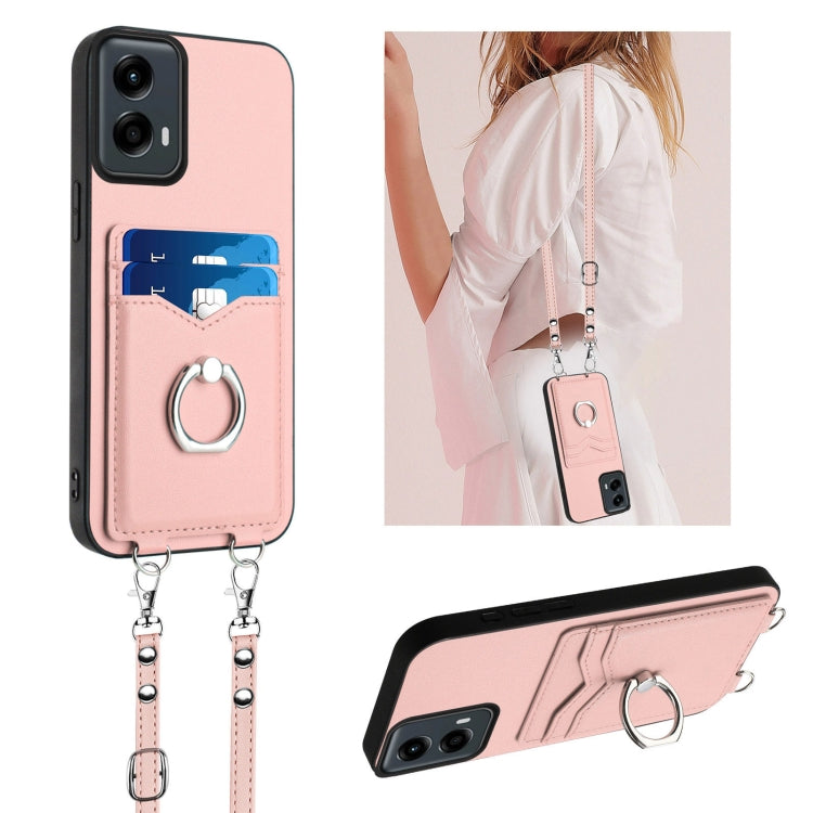 For Motorola Moto G Play 2024 5G R20 Crossbody Rope Ring Card Holder Phone Case(Pink) - Motorola Cases by PMC Jewellery | Online Shopping South Africa | PMC Jewellery | Buy Now Pay Later Mobicred