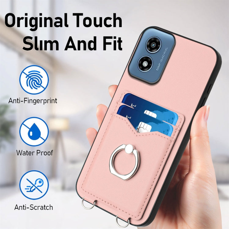For Motorola Moto G Play 2024 4G R20 Crossbody Rope Ring Card Holder Phone Case(Pink) - Motorola Cases by PMC Jewellery | Online Shopping South Africa | PMC Jewellery | Buy Now Pay Later Mobicred