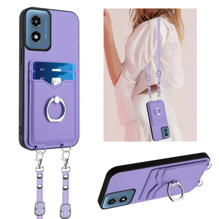 For Motorola Moto G Play 2024 4G R20 Crossbody Rope Ring Card Holder Phone Case(Purple) - Motorola Cases by PMC Jewellery | Online Shopping South Africa | PMC Jewellery | Buy Now Pay Later Mobicred