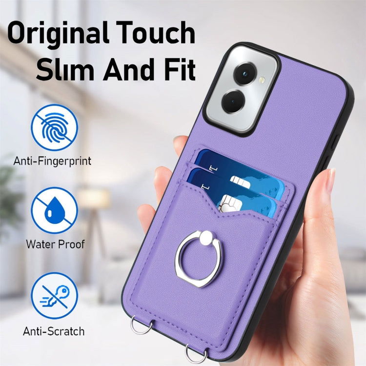 For Motorola Moto G Power 5G 2024 R20 Crossbody Rope Ring Card Holder Phone Case(Purple) - Motorola Cases by PMC Jewellery | Online Shopping South Africa | PMC Jewellery | Buy Now Pay Later Mobicred
