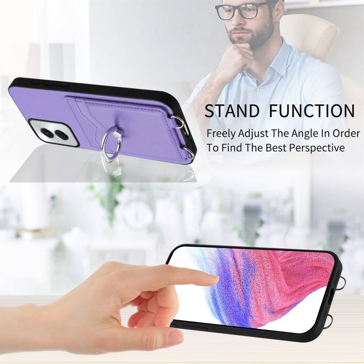 For Motorola Moto G Power 5G 2024 R20 Crossbody Rope Ring Card Holder Phone Case(Purple) - Motorola Cases by PMC Jewellery | Online Shopping South Africa | PMC Jewellery | Buy Now Pay Later Mobicred