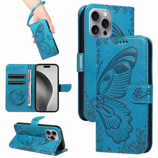 For iPhone 16 Pro Max Swallowtail Butterfly Embossed Leather Phone Case(Blue) - iPhone 16 Pro Max Cases by PMC Jewellery | Online Shopping South Africa | PMC Jewellery | Buy Now Pay Later Mobicred