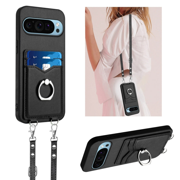 For Google Pixel 9 Pro XL R20 Crossbody Rope Ring Card Holder Phone Case(Black) - Google Cases by PMC TechLife | Online Shopping South Africa | PMC TechLife | Buy Now Pay Later Mobicred