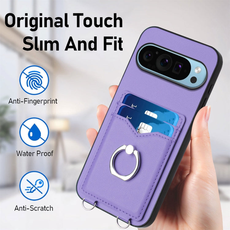 For Google Pixel 9 Pro XL R20 Crossbody Rope Ring Card Holder Phone Case(Purple) - Google Cases by PMC TechLife | Online Shopping South Africa | PMC TechLife | Buy Now Pay Later Mobicred