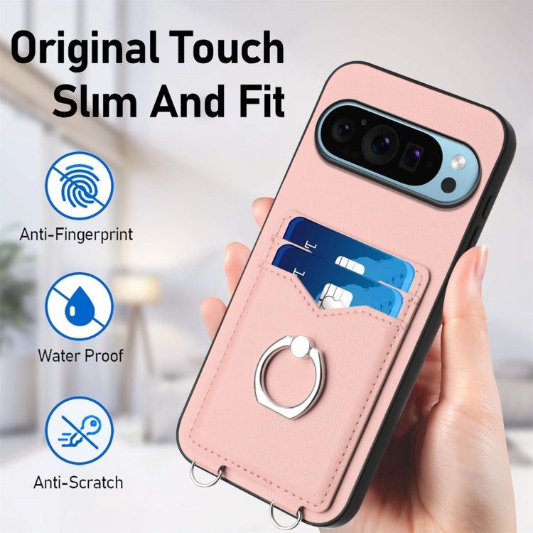 For Google Pixel 9 / 9 Pro R20 Crossbody Rope Ring Card Holder Phone Case(Pink) - Google Cases by PMC TechLife | Online Shopping South Africa | PMC TechLife | Buy Now Pay Later Mobicred