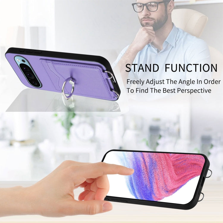 For Google Pixel 9 / 9 Pro R20 Crossbody Rope Ring Card Holder Phone Case(Purple) - Google Cases by PMC TechLife | Online Shopping South Africa | PMC TechLife | Buy Now Pay Later Mobicred