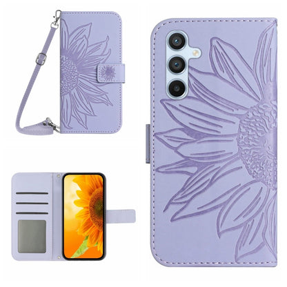 For Samsung Galaxy S25 5G Skin Feel Sun Flower Embossed Flip Leather Phone Case with Lanyard(Purple) - Galaxy S25 5G Cases by PMC Jewellery | Online Shopping South Africa | PMC Jewellery | Buy Now Pay Later Mobicred