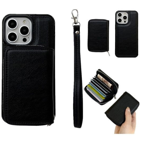 For iPhone 16 Pro Solid Color Zipper 11-Card Slots Bag Phone Case with Lanyard(Black) - iPhone 16 Pro Cases by PMC Jewellery | Online Shopping South Africa | PMC Jewellery | Buy Now Pay Later Mobicred