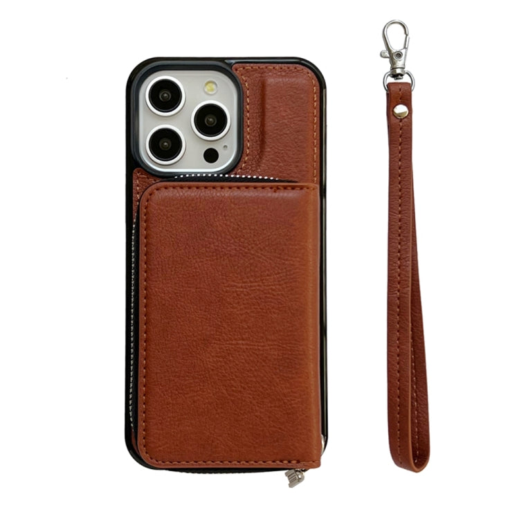 For iPhone 16 Pro Solid Color Zipper 11-Card Slots Bag Phone Case with Lanyard(Brown) - iPhone 16 Pro Cases by PMC Jewellery | Online Shopping South Africa | PMC Jewellery | Buy Now Pay Later Mobicred