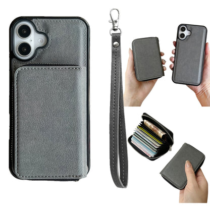 For iPhone 16 Plus Solid Color Zipper 11-Card Slots Bag Phone Case with Lanyard(Grey) - iPhone 16 Plus Cases by PMC Jewellery | Online Shopping South Africa | PMC Jewellery | Buy Now Pay Later Mobicred