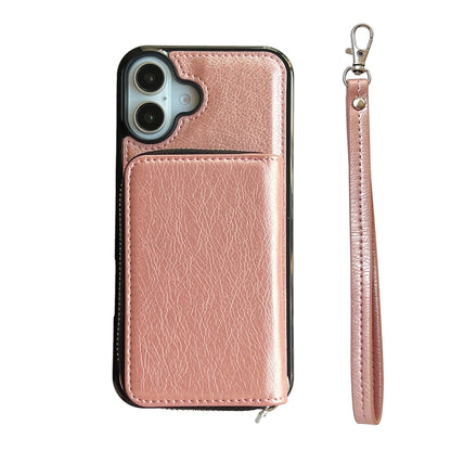 For iPhone 16 Plus Solid Color Zipper 11-Card Slots Bag Phone Case with Lanyard(Rose Gold) - iPhone 16 Plus Cases by PMC Jewellery | Online Shopping South Africa | PMC Jewellery | Buy Now Pay Later Mobicred