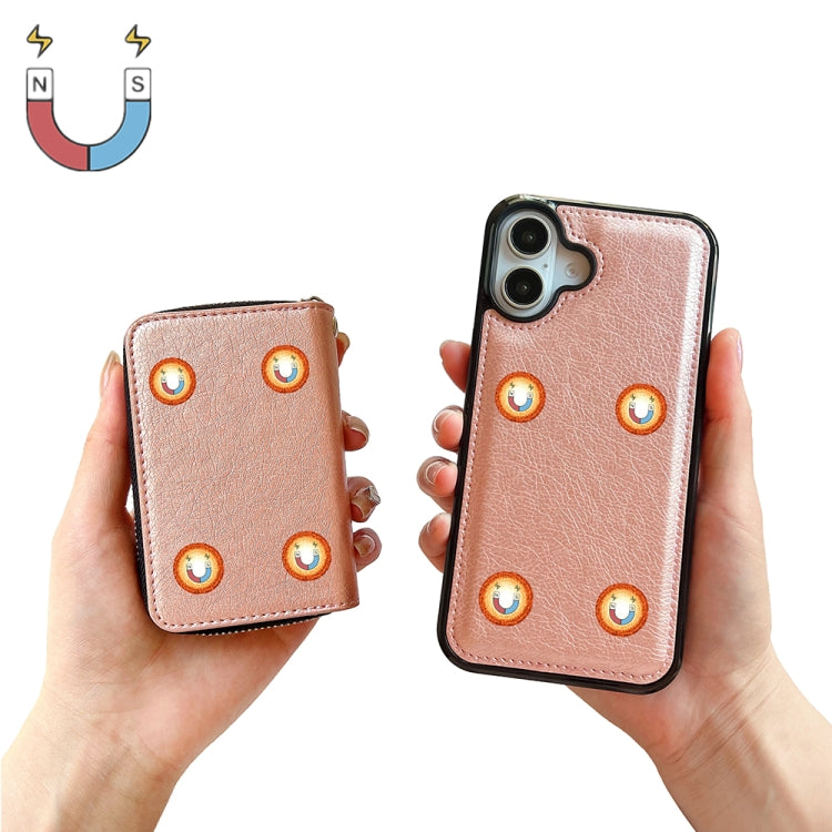 For iPhone 16 Plus Solid Color Zipper 11-Card Slots Bag Phone Case with Lanyard(Rose Gold) - iPhone 16 Plus Cases by PMC Jewellery | Online Shopping South Africa | PMC Jewellery | Buy Now Pay Later Mobicred