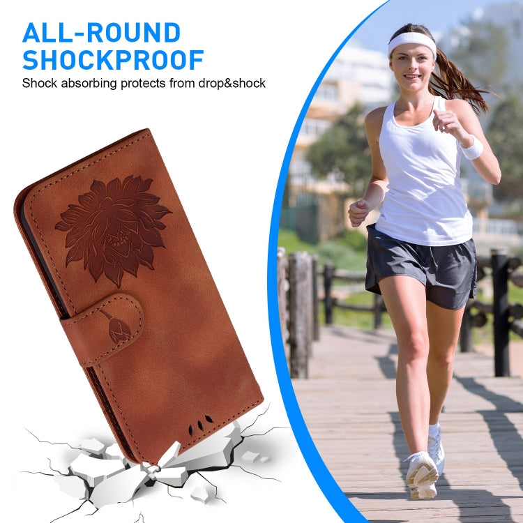 For iPhone 16 Pro Max Lotus Embossed Leather Phone Case(Brown) - iPhone 16 Pro Max Cases by PMC Jewellery | Online Shopping South Africa | PMC Jewellery | Buy Now Pay Later Mobicred