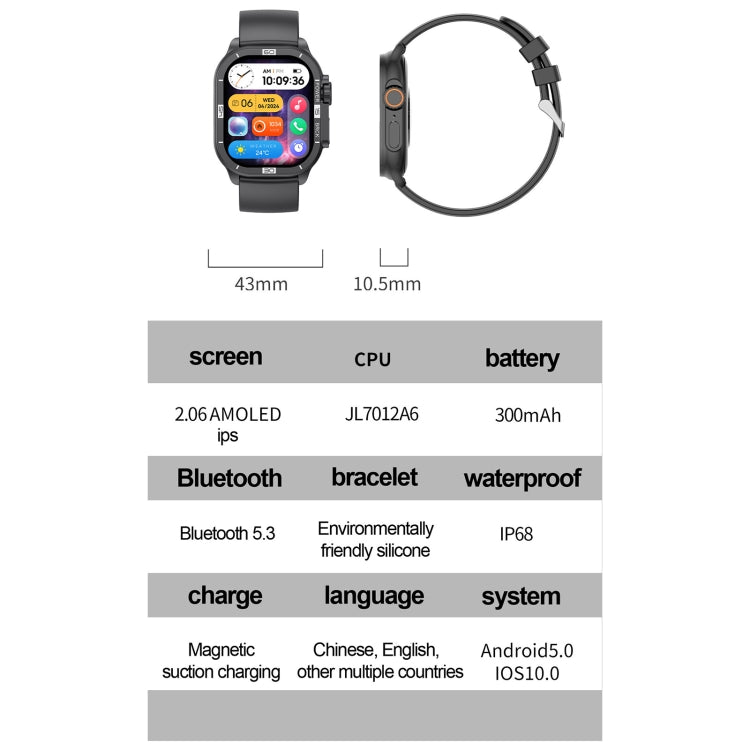 HK96S 2.06 inch BT5.3 IP68 Sport Smart Watch, Support Bluetooth Call / Sleep / Blood Oxygen / Heart Rate / Blood Pressure Health Monitor(Black) - Smart Watches by PMC TechLife | Online Shopping South Africa | PMC TechLife | Buy Now Pay Later Mobicred