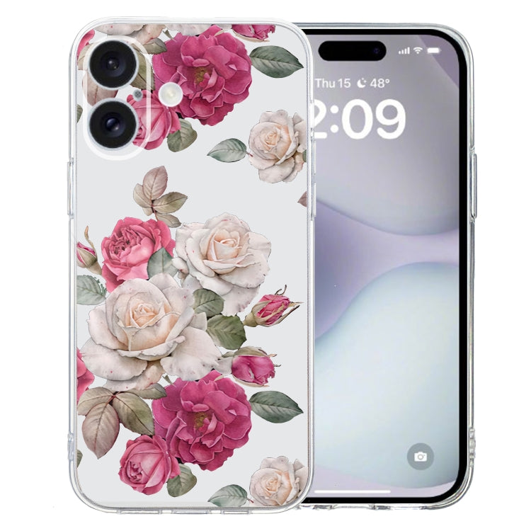 For iPhone 16 Colored Drawing Pattern Transparent TPU Phone Case(Peony) - iPhone 16 Cases by PMC Jewellery | Online Shopping South Africa | PMC Jewellery | Buy Now Pay Later Mobicred