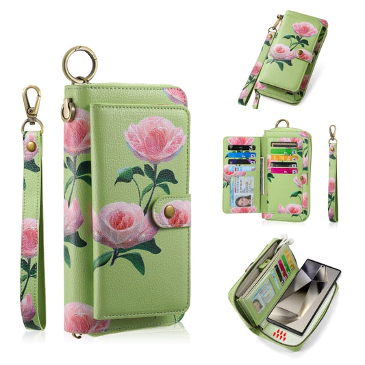 For Samsung Galaxy S24+ 5G POLA Flower Multi-functional Zipper Wallet Leather Phone Case(Green) - Galaxy S24+ 5G Cases by PMC Jewellery | Online Shopping South Africa | PMC Jewellery | Buy Now Pay Later Mobicred