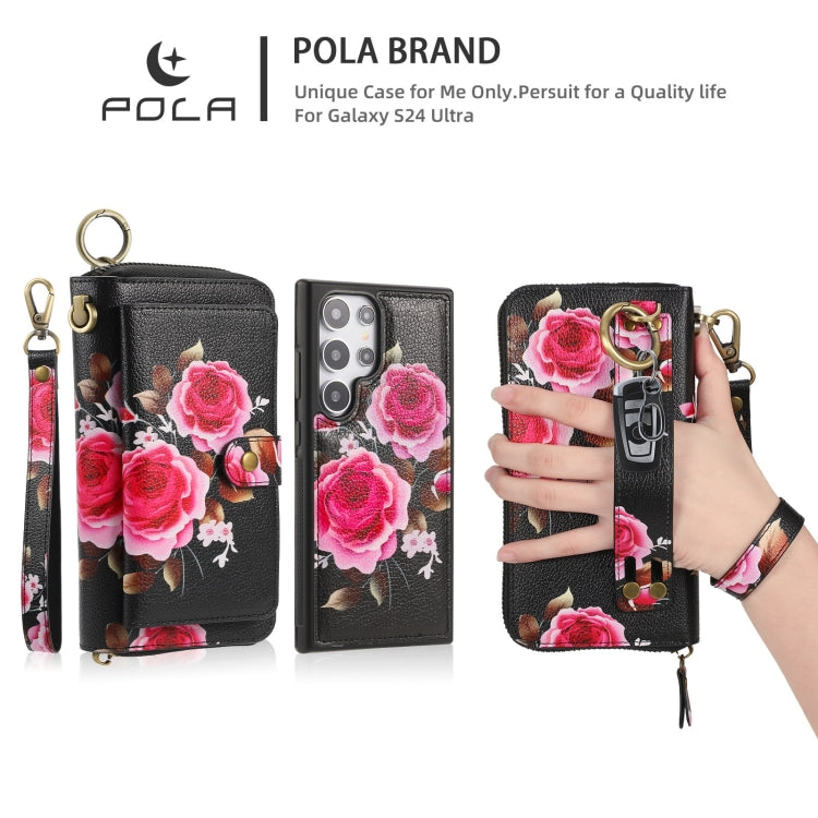 For Samsung Galaxy S24 Ultra 5G POLA Flower Multi-functional Zipper Wallet Leather Phone Case(Black) - Galaxy S24 Ultra 5G Cases by PMC Jewellery | Online Shopping South Africa | PMC Jewellery | Buy Now Pay Later Mobicred