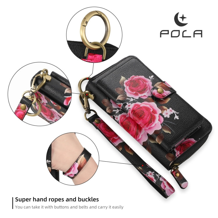 For Samsung Galaxy S24 Ultra 5G POLA Flower Multi-functional Zipper Wallet Leather Phone Case(Black) - Galaxy S24 Ultra 5G Cases by PMC Jewellery | Online Shopping South Africa | PMC Jewellery | Buy Now Pay Later Mobicred