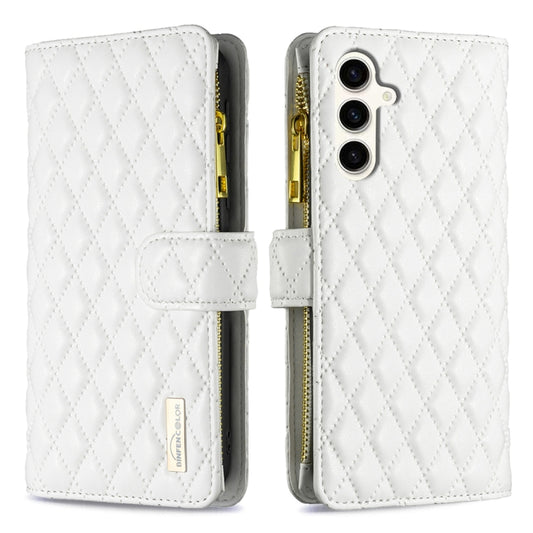 For Samsung Galaxy S24 FE 5G Diamond Lattice Zipper Wallet Leather Flip Phone Case(White) - Galaxy S24 FE 5G Cases by PMC Jewellery | Online Shopping South Africa | PMC Jewellery | Buy Now Pay Later Mobicred