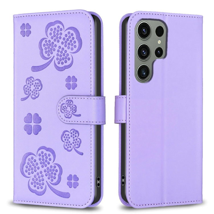 For Samsung Galaxy S25 Ultra 5G Four-leaf Embossed Leather Phone Case(Purple) - Galaxy S25 Ultra 5G Cases by PMC Jewellery | Online Shopping South Africa | PMC Jewellery | Buy Now Pay Later Mobicred