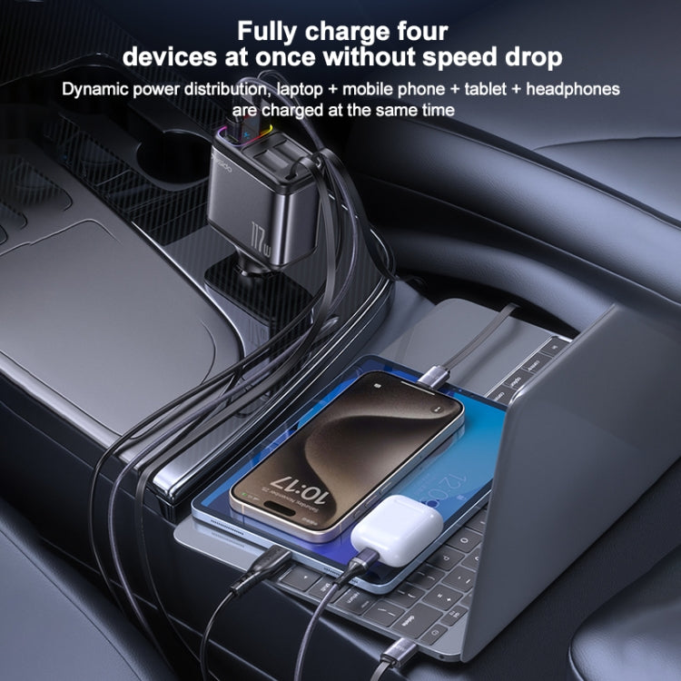 Yesido Y63 4 in 1 117W USB-C / Type-C+USB Multifunctional Retractable Dual Line Digital Display Car Fast Charger(Black) - free shipping - PMC TechLife - Order now!