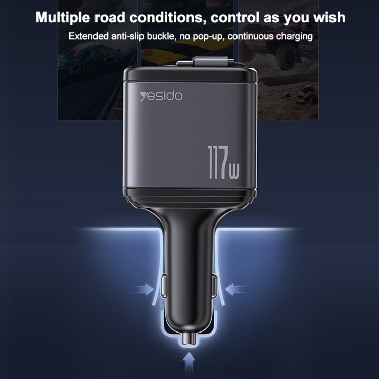 Yesido Y63 4 in 1 117W USB-C / Type-C+USB Multifunctional Retractable Dual Line Digital Display Car Fast Charger(Black) - free shipping - PMC TechLife - Order now!