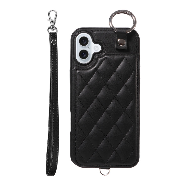 For iPhone 16 Plus Rhombic Texture Card Bag Phone Case with Short Lanyard(Black) - iPhone 16 Plus Cases by PMC Jewellery | Online Shopping South Africa | PMC Jewellery | Buy Now Pay Later Mobicred