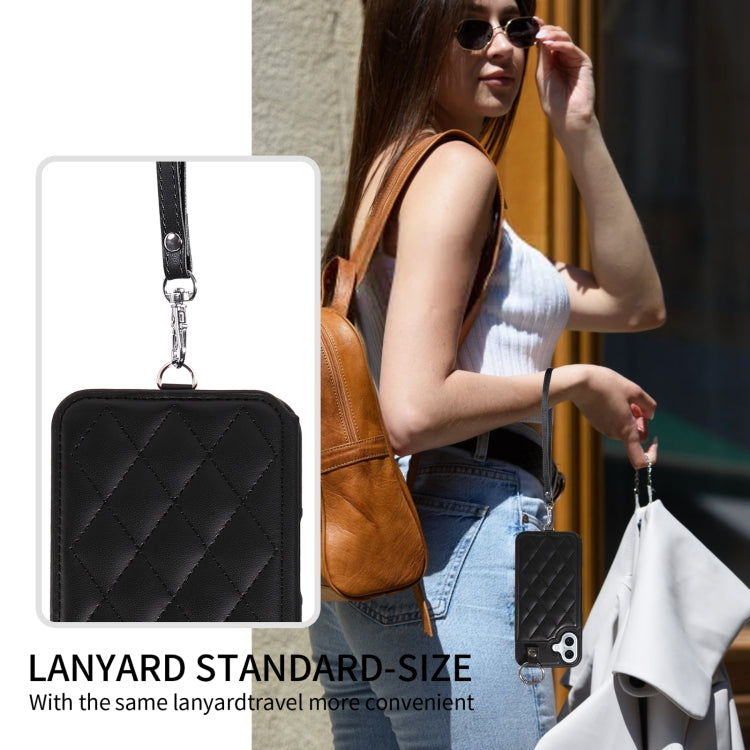 For iPhone 16 Plus Rhombic Texture Card Bag Phone Case with Short Lanyard(Black) - iPhone 16 Plus Cases by PMC Jewellery | Online Shopping South Africa | PMC Jewellery | Buy Now Pay Later Mobicred