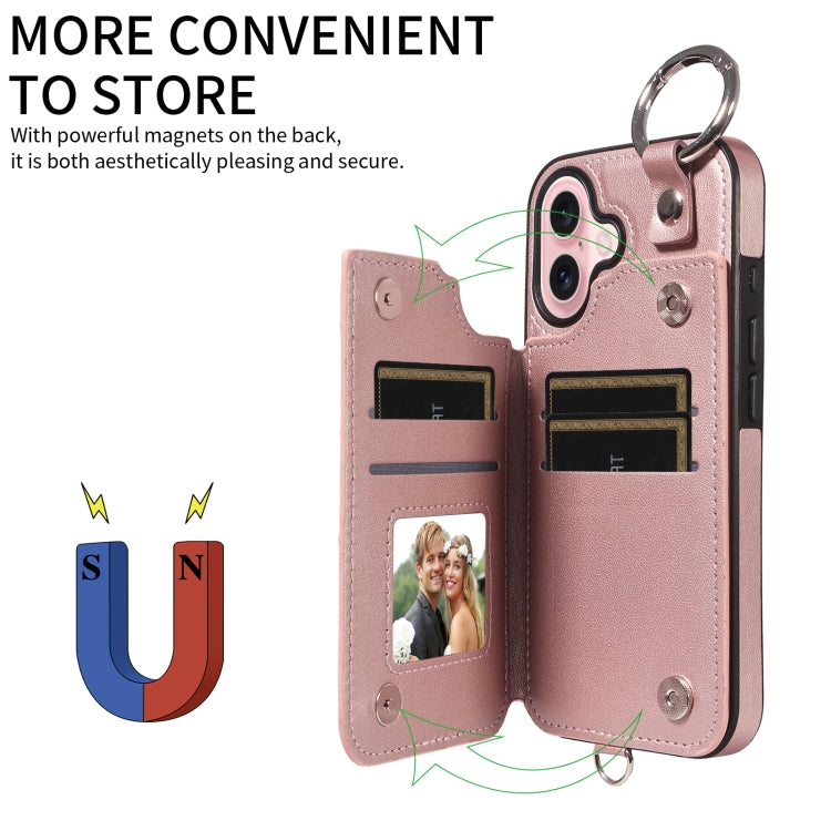 For iPhone 16 Rhombic Texture Card Bag Phone Case with Short Lanyard(Rose Gold) - iPhone 16 Cases by PMC Jewellery | Online Shopping South Africa | PMC Jewellery | Buy Now Pay Later Mobicred