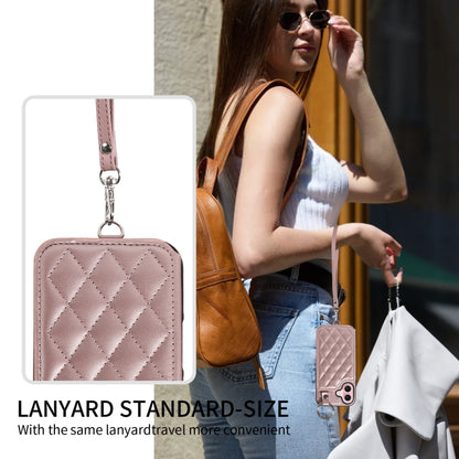 For iPhone 16 Rhombic Texture Card Bag Phone Case with Short Lanyard(Rose Gold) - iPhone 16 Cases by PMC Jewellery | Online Shopping South Africa | PMC Jewellery | Buy Now Pay Later Mobicred